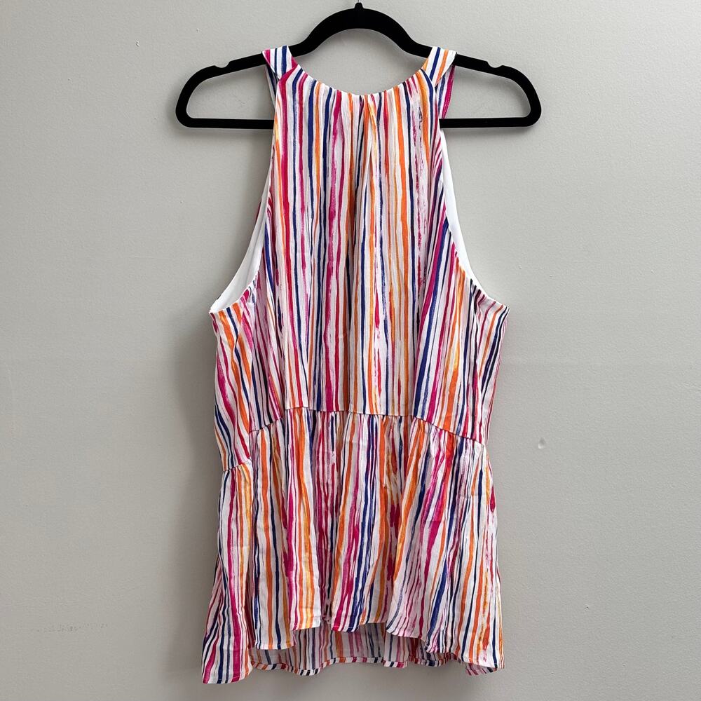 Multicolor Rainbow Stripe Halter Top Tiered Flowy Sleeveless Blouse Size XL